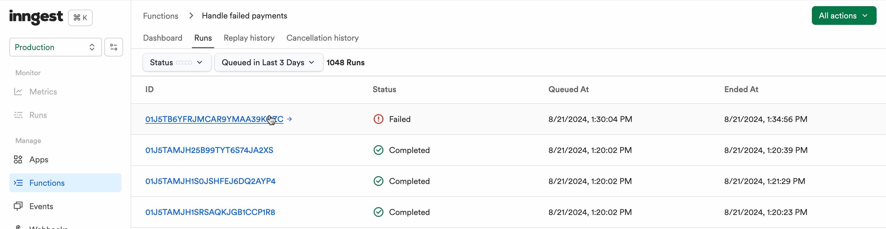 The "Handle failed payments" Function runs list features a run in a failing state.